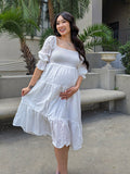 Plataz White Off Shoulder Ruffle Shirred Boat Neck Puff Sleeve Bow Bohemian Ivory Maternity Photoshoot Dress Maternity