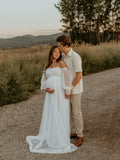 Plataz Off Shoulder Tulle Polka Dot Elegant Photoshoot Baby Shower Maternity Maxi Dress Maternity