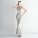 Plataz Craft Beading Cocktail Evening Dress Elegant Long Halter Slim Fit HZ1007