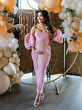 Plataz Pink Off Shoulder Bandeau Ribbed Pleated Bodycon Puff Sleeve Evening Gown Baby Shower Maternity Maxi Dress Maternity