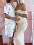 Plataz Ivory White Ruffle Falbala Off Shoulder Mermaid Elegant Cocktail Evening Gown Maternity Photoshoot Baby Shower Maxi Dress Maternity