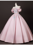 Elegant Pink Satin Applique Sweet 16 Quinceanera A-Line Off-the-shoulder Evening Dress Long Ball Gown HZ1024