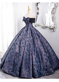 Vintage Floral Satin Sweet 16 Quinceanera Bow Off-the-shoulder Evening Dress Long Ball Gown HZ1024