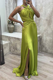 Plataz Solid Fold Halter Evening Dress HZ1007