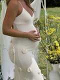 Plataz Spaghetti Strap Backless 3D Flowers Maternity Maxi Dress Maternity