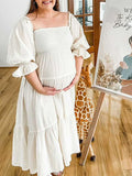 Plataz White Off Shoulder Ruffle Shirred Boat Neck Puff Sleeve Bow Bohemian Ivory Maternity Photoshoot Dress Maternity