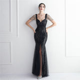 Plataz Mesh Craft Beaded Party Dress Long Cocktail Slim Fit Evening Dress Elegant HZ1007