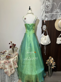 Vintage Green A-Line Beaded Spaghetti Strap Evening Dress A-Line 3D Flowers Long Prom Dress HZ1024