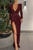 Plataz Formal Solid Sequined V Neck Evening Dress HZ1007