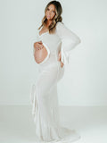 Plataz Ivory Sheer Ruffle Cut Out Crop Slit Falbala Deep V-neck Mermaid Elegant Maternity Photoshoot Maxi Dress Maternity