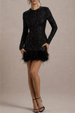 Plataz Party Sequins Feather Hemline O Neck Evening Dresses(4 HZ1007