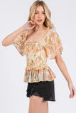 Plataz Floral Chiffon Smocked Square Neck Peplum Top DJPT