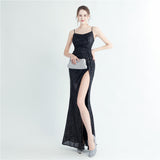 Plataz Density Sequin Pleated Side Slit Sling Long Evening HZ1007
