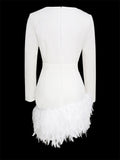 Plataz Deep V Neck Mini Dress For Women Feathers Patchwork Sexy Bodycon Dresses Ladies Slim Solid Party Prom Dress Woman HZ1007
