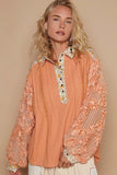 Plataz Floral Half Button Lace Detail Long Sleeve Top DJPT