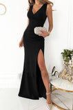 Plataz Elegant Solid Slit Fold V Neck Evening Dress Dresses(4 HZ1007