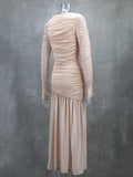 Plataz Sleeves Skinny Pleated See-Through Solid Color Split-Joint Round-Neck Evening Dresses Maxi HZ1007