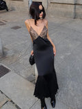 Plataz Lace Splice Maxi Dresses For Women Sexy Deep V Neck Mesh Slim Dress Woman Temperament Clubwear Party Evening Dress HZ1007