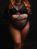 Plataz Black Rhinestone Fishnet Knitting Sheer Cut Out Photoshoot Short Jumpsuit Maternity Bodysuit Maternity