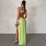 Plataz Shoulder Dress Solid Color Pullover Sexy Backless Evening Dress Long Socialite HZ1007