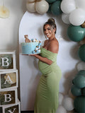 Plataz Off Shoulder Lace Sheer Splicing Ruched Baby Shower Maternity Maxi Dress Maternity