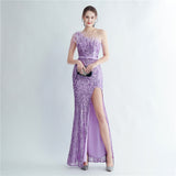 Plataz Industry Ostrich Hair Craft Beading Evening Dress with Side HZ1007