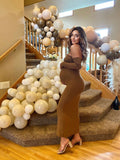 Plataz Brown Off Shoulder Long Sleeve Bodycon Elegant Going Out Maternity Photoshoot Baby Shower Party Maxi Dress Maternity