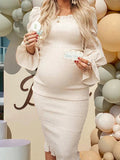 Plataz Ruffle Off Shoulder Long Sleeve Bodycon Baby Shower Maternity Midi Dress Maternity