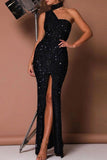 Plataz Solid Sequins Patchwork Slit Asymmetrical Collar Evening Dress HZ1007