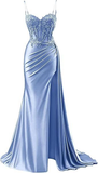 Vintage Sheath Applique Sweetheart Satin Evening Gown Spaghetti Strap Party Dress Slit Long Formal Dress HZ1024