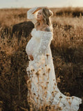 Plataz Boho Lace Off Shoulder Lace Tassel Crop 2-in-1 Side Slit Ruffle Photoshoot Maternity Maxi Dress Maternity