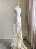 Plataz Mermaid Scoop Satin Night Party Dress White Long Prom Dresses SD1524 HZ0628