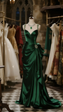 Vintage Dark Green Satin V-neck Beaded Embroidery Sweet 16 Quinceanera Sheath Evening Dress Long Ball Gown HZ1024