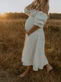 Plataz White Ruffle Ruched High Waist Puff Sleeve Cute Photoshoot Maternity Maxi Dress Maternity