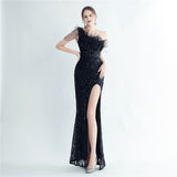 Plataz Industry Ostrich Hair Craft Beading Evening Dress with Side HZ1007