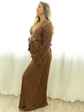 Plataz Brown Pleated Ruffle Belted Elegant Photoshoot Baby Shower Maternity Maxi Dress Maternity