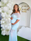 Plataz Light Blue Mesh Off Shoulder Ruched Mermaid Elegant Maternity Baby Shower Maxi Dress Maternity
