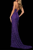 Plataz Formal Solid Sequins Backless Slit V Neck Evening Dress HZ1007