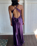 Plataz A-Line V Neckline Grape Satin Long Prom Dresses Formal Evening Dress SD1389 HZ0628