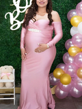 Plataz Pink Off Shoulder Long Sleeve High Split Bodycon Baby Shower Party Gown Pregnancy Maternity Maxi Dress Maternity