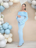 Plataz Blue Knit Ruched Off Shoulder Flare Sleeve Bodycon Elegant Cocktail Party Gown Maternity Photoshoot Baby Shower Maxi Dress Maternity
