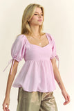 Plataz & Dani Solid Elastic Peplum Puffed Sleeves Blouse DJPT