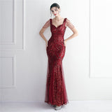 Plataz Mesh Craft Beaded Party Dress Long Cocktail Slim Fit Evening Dress Elegant HZ1007