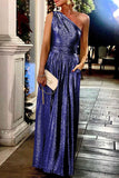Plataz Elegant Solid Bronzing Sequined Oblique Collar Evening Dress HZ1007