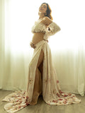 Plataz Two Piece Boho Flower Printing Off Shoulder Chiffon Crop Bandeau Photoshoot Maternity Maxi Dress Maternity