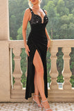 Plataz Formal Solid Sequins Slit V Neck Evening HZ1007