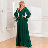 Plataz Sleeve Lace Up High Quality Double V Neck Sequin Chiffon Patchwork A Line Big Swing Full Lining Party Evening HZ1007