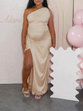 Plataz Apricot One Shoulder Backless Satin Side Slit Party Gown Baby Shower Maternity Maxi Dress Maternity