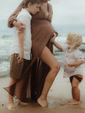 Plataz Slit Deep V-neck Lantern Sleeve Elegant Photoshoot Maternity Maxi Dress Maternity