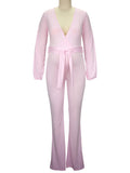 Plataz Solid Color Sashes High Waist V-Neck Long Sleeve Baby Shower Plus Size Maternity Jumpsuit Maternity
